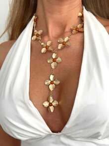 1pc Fashionable Elegant Vintage-Style Metal Four-Petal Flower Chain Gemstone Y-Necklace, Long Necklace Suitable For Evening Gala, Party, Gift For Friends, Girlfriends - Gold - View 2
