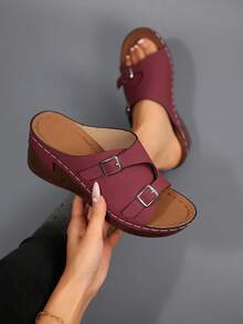 New Double-Buckle Open Toe Wedge Sandals, Lightweight Wedge Heel Increase Height, Non-Slip Slip-On Slippers, Comfortable For Commuting And Shopping - Dark Red - View 4