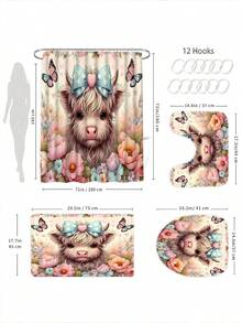 1/4 Set Cute Highland Cow & Floral Pattern Waterproof Shower Curtain Set, Thick Polyester Anti-Mildew, Includes 12 Hooks, Non-Slip Bath Mat, U-Shaped Toilet Lid Cover, Bathroom Carpet & Curtain Full Set - A - View 3