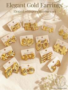 优雅女士耳环套装，可选4件套、12件套或24件套，采用18K镀金不锈钢材质，适合日常佩戴和节日派对。耳环套装，夏季耳环，蝴蝶耳环。 - 金色 - 查看 2