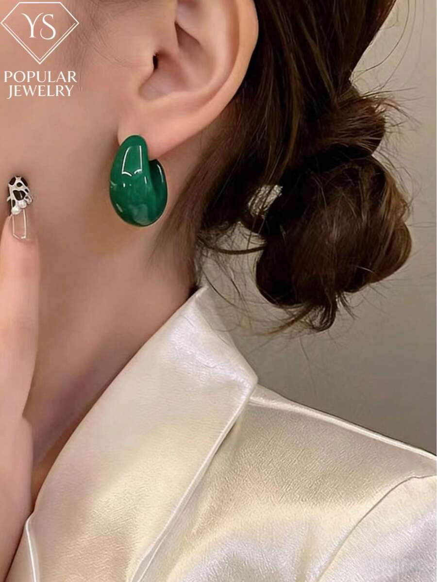 1 Pair Teardrop Minimalist Elegant Resin Hoop Earrings, Women's Casual Daily Wear, Birthday/Holiday Jewelry Gift - Green - View 1