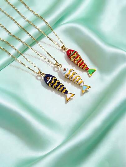 1 pieza Collar con colgante de pez de estilo oceánico esmaltado, adecuado para uso diario y regalo para amigos y madres