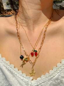 3pcs Leopard & Cherry Necklace Set, 8-BaII Billiard Dice Charm Necklace, Red Cherry Necklace, Fashionable Star Necklace, Classic Leopard Necklace - Vàng - Xem 7