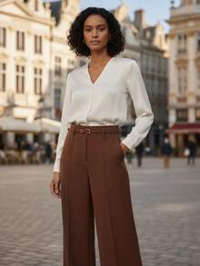 Women's Tailored Wide-Leg Pants With Covered Belt And Zipper - Elegant Formal Work/Office Wear - 鏽棕色 - 查看 2