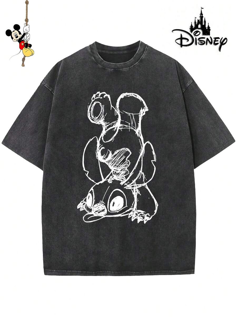 Disney-Licensed Men's Cotton T-Shirt For The 2026 Family Holiday. Featuring A Stitch Motif, Washed Crew Neck, Soft And Comfortable Feel, Easy Care And Suitable For Various Occasions Such As Holidays, Everyday Life And Commuting – Full Of Festive Spirit. - 黑色 - 查看 1