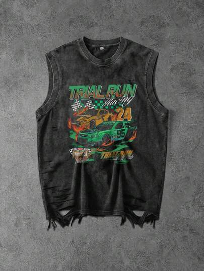 Smple-“复古海报”复古深色男士水洗做旧无袖破洞背心