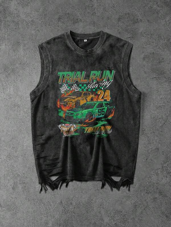 Smple-“复古海报”复古深色男士水洗做旧无袖破洞背心