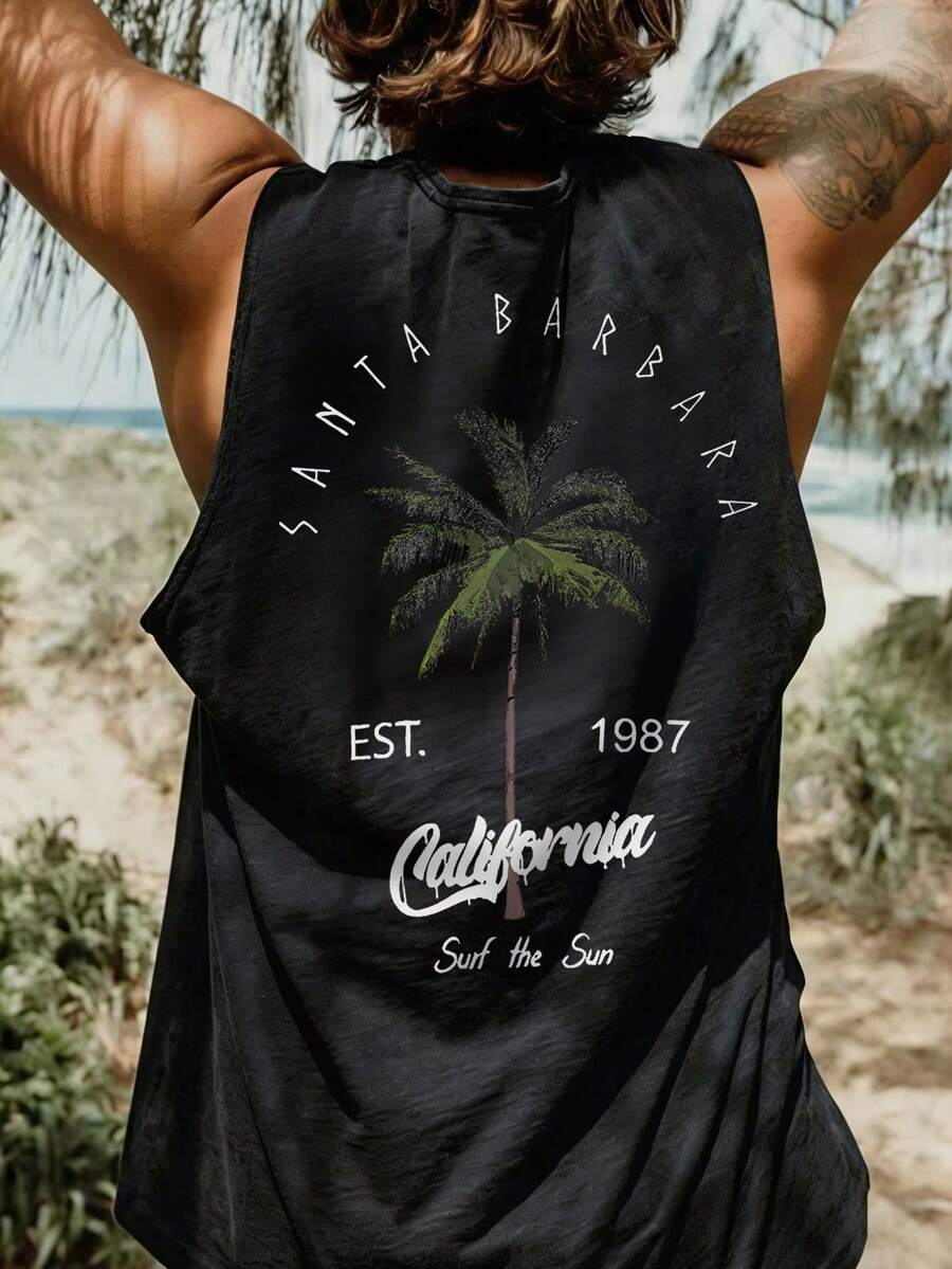 Men's Holiday Casual Coconut Tree & Letter Print Tank Top, Emo Retro American, Summer Outfits,Suitable For Everyday Wear,Relaxed Fit ,Summer Holiday Outfits