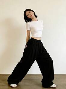 女士直筒休闲宽松运动裤，秋季黑色 - 黑色 - 查看 3