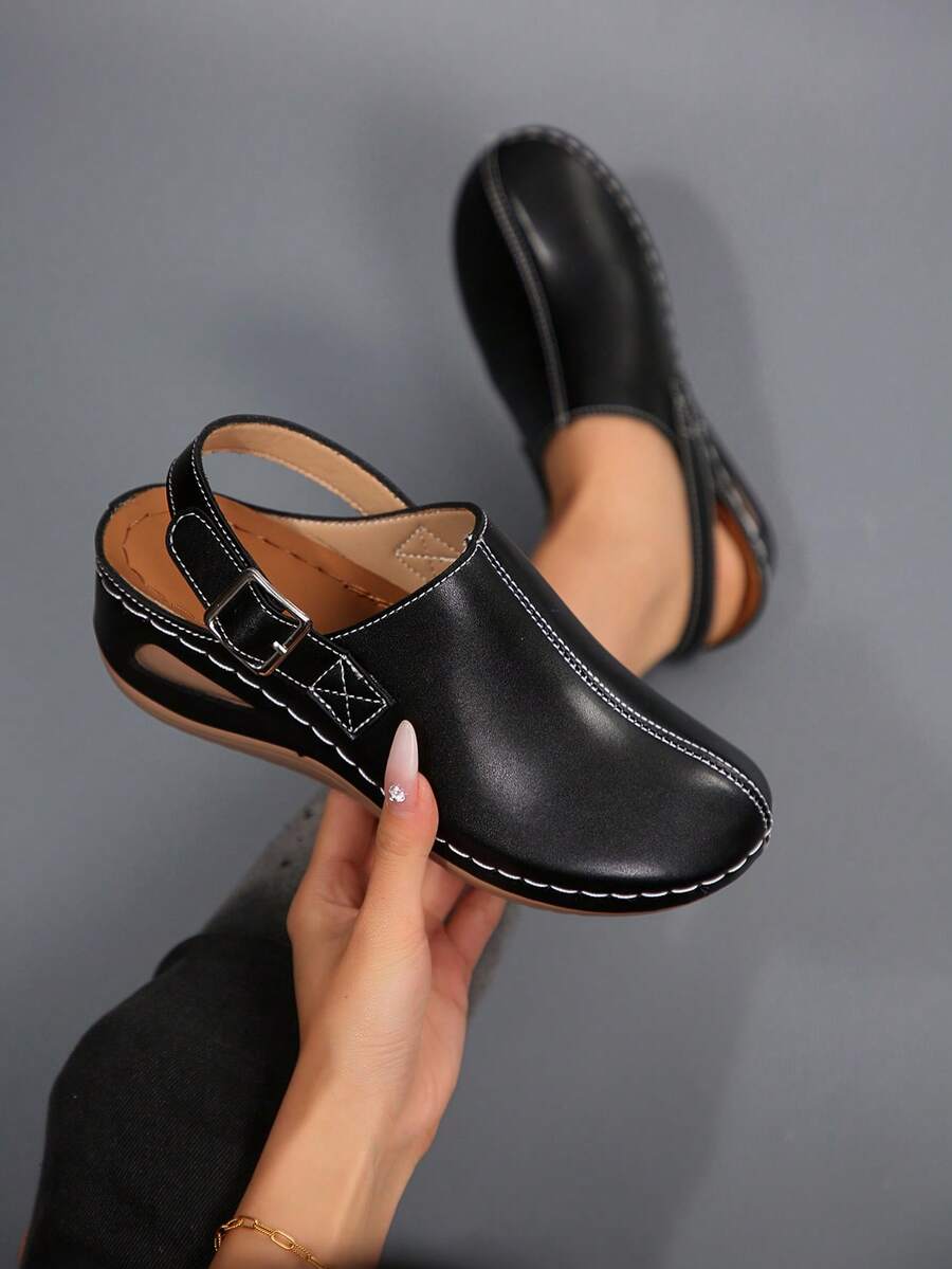 European And American Style Wedge Slide Sandals For Women, Backstrap Buckle Slip-On Casual Shoes, Versatile Commuting Matte Leather Footwear - Black Leather - View 1