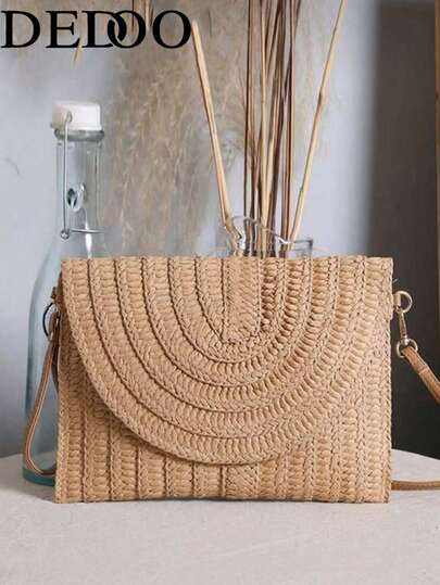 Dedoo 女士极简翻盖包，女士度假包，草编钱包，草编沙滩包，沙滩必备，沙滩用品，沙滩装备及夏季必备，最适合海滩风情的女士包包，藤编包，夏季度假包，沙滩包，夏季