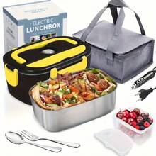 SOKANY Przenośny, elektryczny, podgrzewany lunchbox do samochodu i domu, konstrukcja szczelna, podgrzewanie w kuchence mikrofalowej, wyjmowany wewnętrzny garnek ze stali nierdzewnej, pojemność 1,5 l, zasilanie 220 V/12 V, specjalnie zaprojektowany dla kierowców ciężarówek - Wtyczka UE typ C (220–240 V) - Zobacz 2