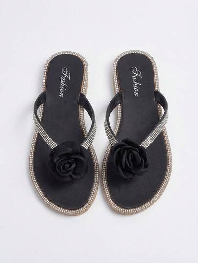 1 Pair Rhinestone Flower Flip Flops, Made Of PVC Material, Comfortable , Versatile High-End, Suitable For Travel, Home, Daily Wear, Bathroom, Shopping, Shower And Beach, Great Gift For Mom, Girlfriend, Valentine's Day, Women's Day, Christmas, Halloween
