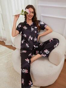 Disney 2-Piece Set Cartoon Print Casual Versatile Short Sleeve Button-Front Top Elastic Waist Long Pants Women's Pajama Set Suitable For All Seasons Home Wear - Black - View 1