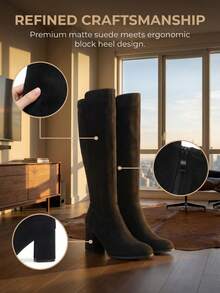 Botas altas de gamuza cómodas para otoño/invierno 2025, clásicas y a juego, perfectas con vestidos negros, de punta redonda, con cremallera lateral, tacón grueso, estilo ecuestre hasta la rodilla para mujeres - Negro - Ver 7