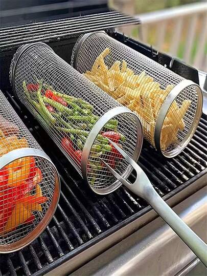 1 pieza Cesta para Asador Giratorio, Cesta de Malla de Acero Inoxidable para Barbacoa, Cesta para Parrilla Definitiva, Parrilla Portátil para Acampada, Adecuada para Verduras, Patatas Fritas y Pescado