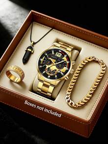 Fashionable Gold Quartz Watch With Calendar Function, Steel Strap, Suitable For Daily Wear, Music Festivals, Parties, A Great Birthday Gift Set With Bracelet, Necklace And Ring - Gold - View 2