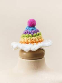 1pc Handmade Knitted Miniature Rainbow Party Hat, Soft Plush Pom Pom Headwear, Cute Pet Costume Accessory, Fun Pet Photography Prop - Multicolor - View 4