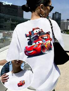 Disney Loose Version Of "Cars" Lightning McQueen With Printed Front And Back Teeth T-Shirt, Suitable For Summer And Spring, Short Sleeved Top, Women's Clothing, Holiday Gift Party Clothing. - 白色 - 查看 1