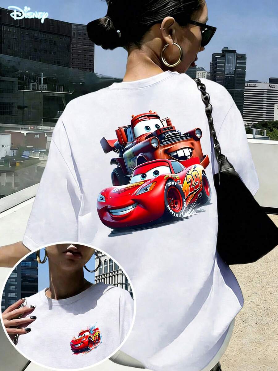 Disney Loose Version Of "Cars" Lightning McQueen With Printed Front And Back Teeth T-Shirt, Suitable For Summer And Spring, Short Sleeved Top, Women's Clothing, Holiday Gift Party Clothing. - 白色 - 查看 1