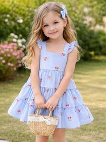 Children's Dress With Floral Print, Stripes And Hearts. Three Marias Dress With Tie And Elastic Back For Adjustable Adjustment. Cool And Lightweight Fabric. Spring/Summer. - Baby Blue - View 2