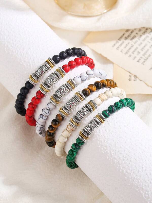 时尚休闲虎眼石、绿松石、火山石串珠手链，男士款，多层叠戴设计，适合日常佩戴，是送给男友或父亲的最佳礼物之选