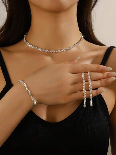 闪亮亮片项链、网球手链和耳环套装，适合女士日常正装、派对礼服和婚礼佩戴。