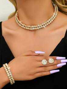 4件套几何设计新娘女士时尚闪亮项链套装，优雅珠宝套装，适合婚礼、高端宴会和高端晚礼服。 - 彩色 - 查看 3