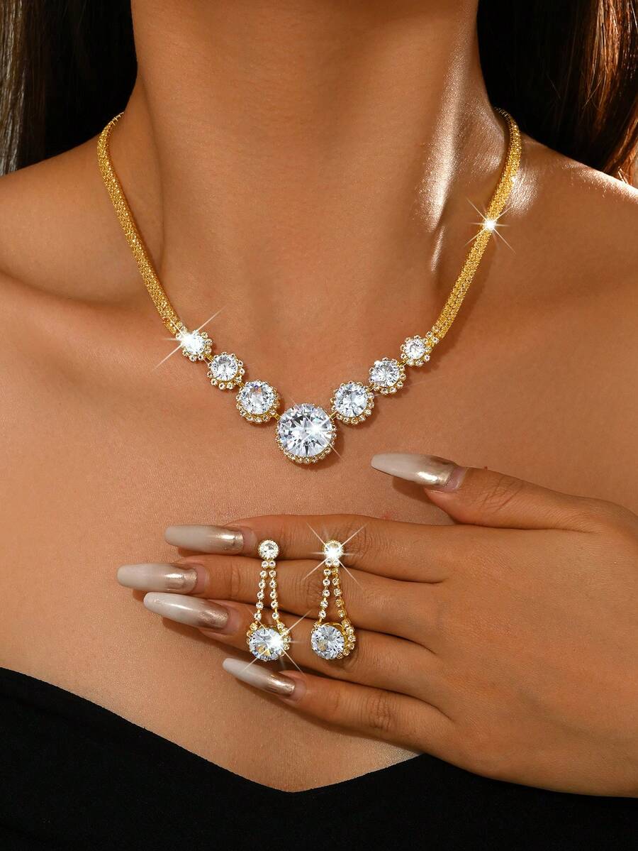 2pcs Gold Jewelry Set, Large Round Crystal Necklace + Teardrop Earrings, Attention-Grabbing Design, Wedding/Party Accessory, Date Outfit, Birthday Gift - 1717 Gold Earrings and Necklace Set - View 1