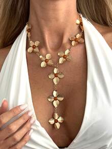 1pc Fashionable Elegant Vintage-Style Metal Four-Petal Flower Chain Gemstone Y-Necklace, Long Necklace Suitable For Evening Gala, Party, Gift For Friends, Girlfriends - Gold - View 3