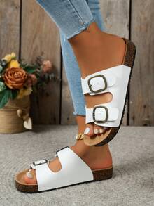 Women's Adjustable Double Buckle Flat Sandals, Versatile For Outdoor, Vacation, Commute And Home Wear - White - View 3