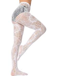 CLAGAINER 6pcs/3pcs/1pc 2024 New Fashion Girls' Fishing Net Stockings, Sexy Tattoo Lace Stockings, Jacquard Lace Cutout Pantyhose - White - View 8