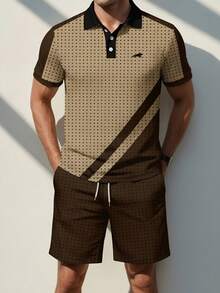 男士撞色半拉链 Polo 衫和短裤套装 - 彩色 - 查看 3