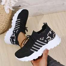 Lightweight Mesh Leopard Print Sneakers Lace-Up Style With Cushioned Sole Flexible & Comfortable Ideal For Gym Workouts Walking And Casual Daily Wear. - Black - View 4