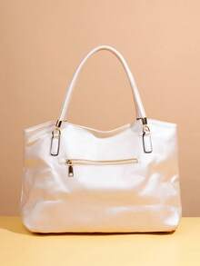 优雅单肩手提包。新款时尚百搭优雅女士托特包，大容量金属装饰PU皮革手提包，适合外出、通勤、工作、办公、度假等场合。 - 白色 - 查看 7