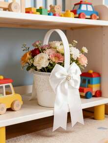 1个花童篮，婚礼花篮，白色花瓣，缎面花篮，适用于婚礼、婴儿派对和其他场合 - 彩色 - 查看 6