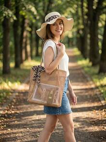 女士时尚豹纹遮阳帽和钩编网眼手提包套装，适合夏季海滩、邮轮、泳池派对、度假和旅行。宽帽檐，轻便，可折叠，透气，防紫外线 - 彩色 - 查看 15