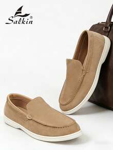 设计师时尚男士莫卡辛鞋，纯色绒面单脚套脚乐福鞋，男士真皮鞋，绅士商务社交鞋，男士日常办公派对婚礼鞋，情侣约会鞋，浪漫晚餐鞋，节日礼物鞋，返校学生休闲鞋，学院风，请选择大一码的尺码。 - 卡其色 - 查看 5