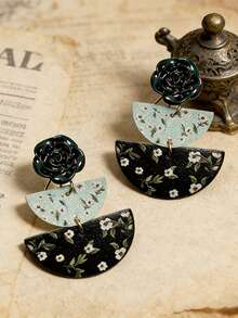 1 Pair Geometric Semi-Circle Floral Leather Earrings, Retro Unique Design Personalized Fashion Versatile Jewelry Accessories For Women - Handmade Earrings - View 6