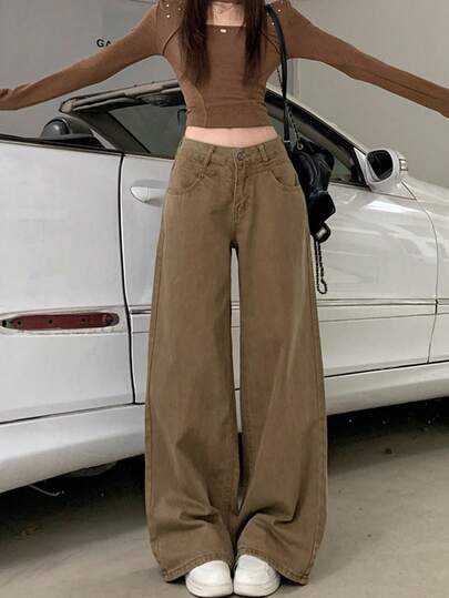 复古做旧卡其色宽松阔腿牛仔裤，女士款，休闲版型，低腰修身牛仔裤