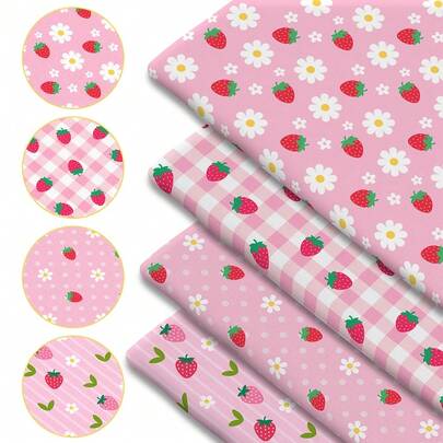 1 pieza Tela acolchada con estampado de fresa - 59 X 19.68 pulgadas (150 X 50 cm) Tela de poliéster precortada con patrones de fresa en color rosa pastel - Adecuada para costura DIY, scrapbooking, manteles y manualidades