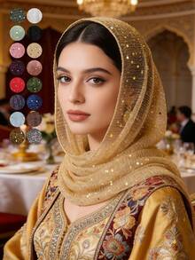 1条女士轻薄亮片头巾，适合所有季节，中东风情头巾，装饰披肩，沙滩罩衫，日常佩戴 - 彩色 - 查看 2