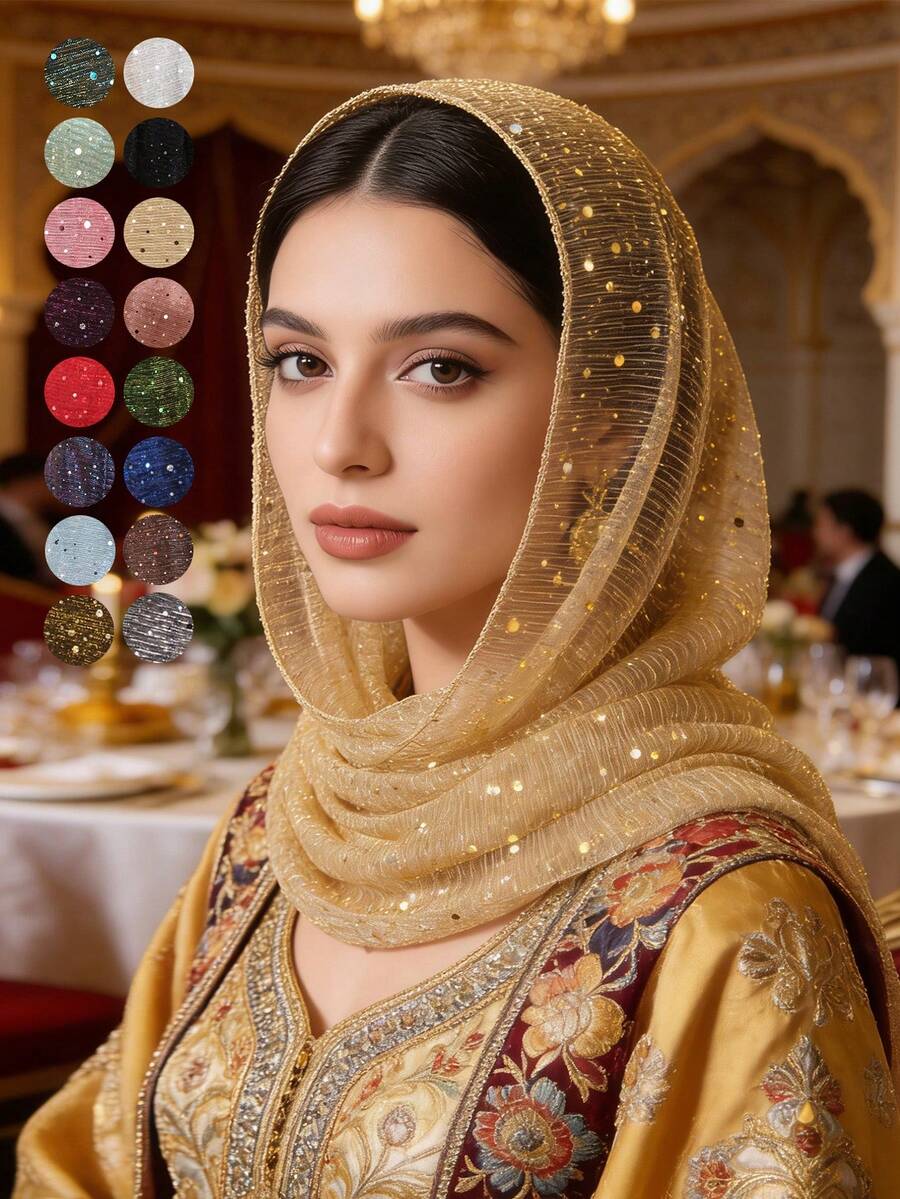 1条女士轻薄亮片头巾，适合所有季节，中东风情头巾，装饰披肩，沙滩罩衫，日常佩戴