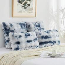 1pc Solid Color Cushion Cover Without Filler, Soft Faux Rabbit Fur Big Striped Cushion Cover, For Living Room Sofa - Bubble Velvet Blue and White - View 5