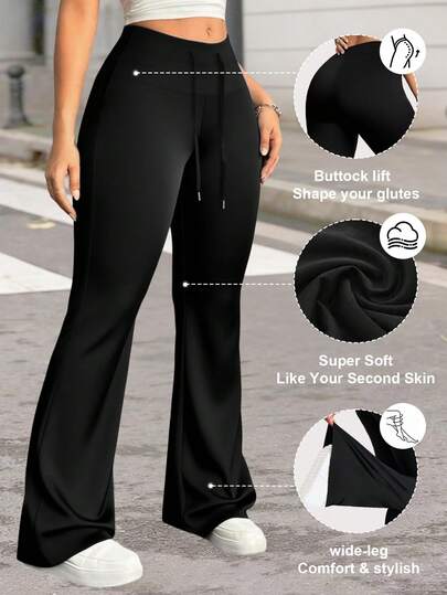 Women's Drawstring Flare Pants, High Waist Elastic Skinny Leggings, Fashionable Casual Yoga Jogging Sports Pants, Soft And Comfortable Fabric, Suitable For Daily Yoga, Running, Cycling Spring