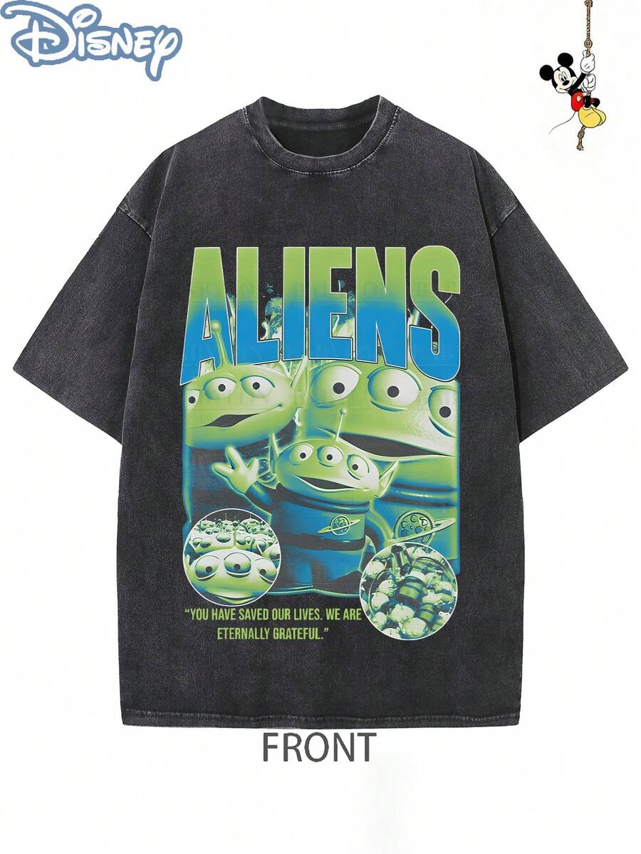 Disney Official Licensed Aliens Retro Poster Graphic T Shirts 100 Percent Cotton  Shirt Washed 230g Unisex - 黑色 - 查看 1