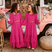 2026 Girls Elegant Lace Flower Boho Dress Long Sleeve Backless Square Neck Ruffle Party Maxi Dress - 12 Rose Red - 查看 4