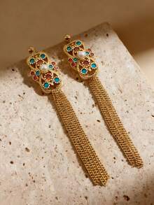 1 Pair French Retro Triangle Earrings, S925 Silver Needle Pearl Mother-Of-Pearl Inlaid Diamond Earrings, Luxury Niche Design Palace Style Gemstone Pearl Gold Triangle Inlaid Diamond Earrings, Elegant And Graceful - Multicolor - View 8