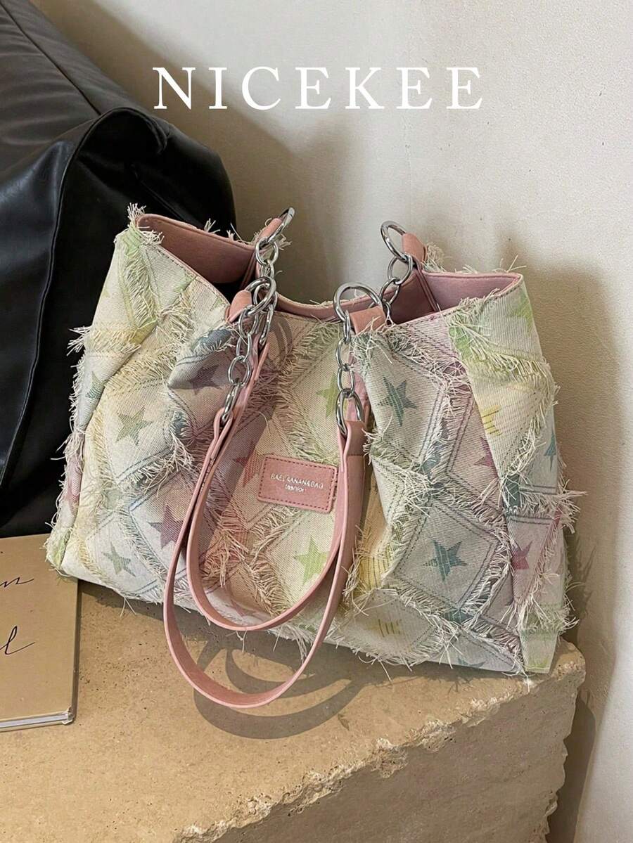 Large Capacity Star Patterned Tote Bag, Fashionable Fur Edge Casual Letter Color Blocked Shoulder Bag, Niche Design Diamond Shaped Personalized Armpit Bag, Suitable For Shopping, Daily Outings, Vacations, And Work - Multicolor - View 1