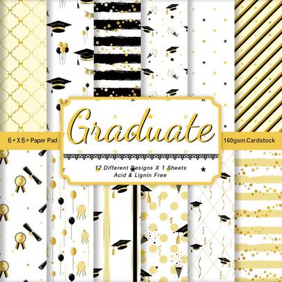 12张毕业主题剪贴簿纸，毕业帽和学士学位证书图案，适用于子弹笔记、拼贴画和卡片制作，6*6英寸